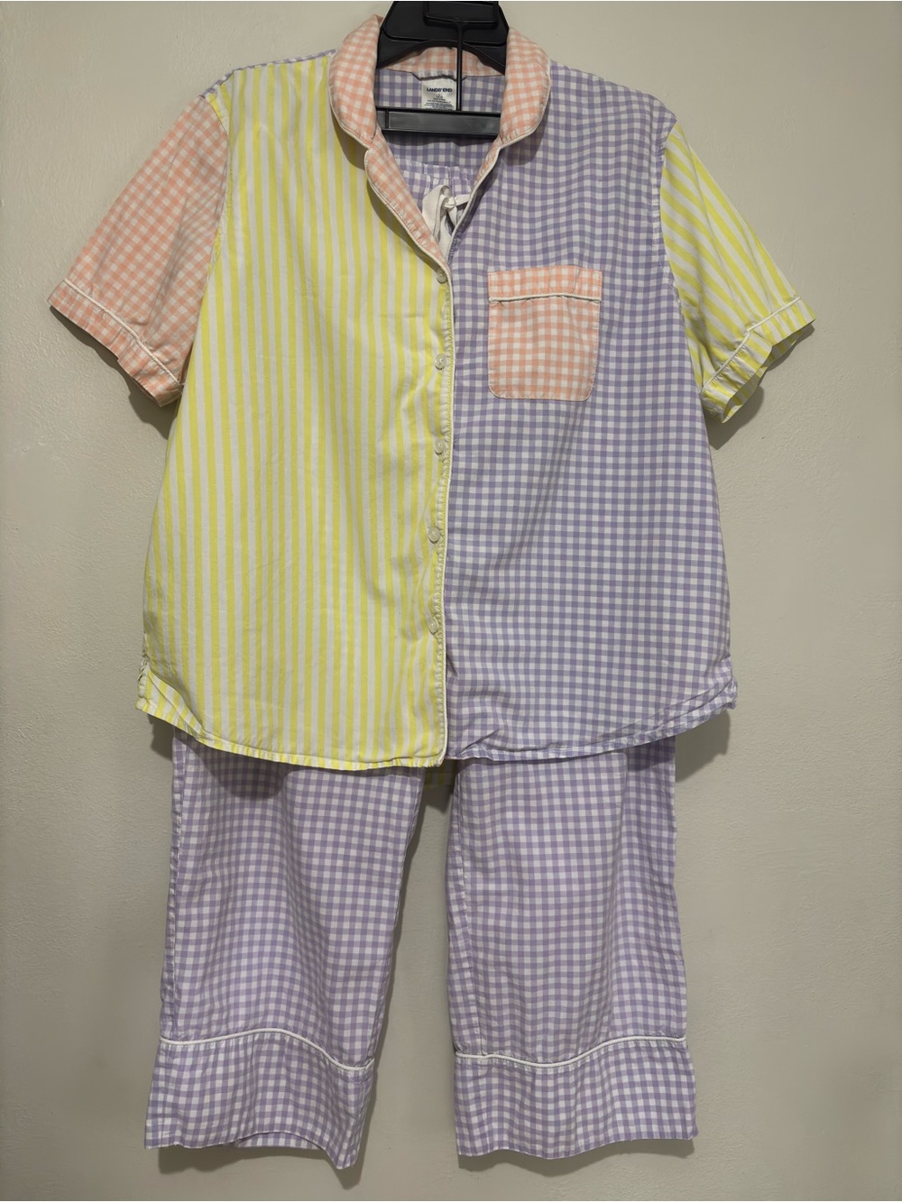 Vintage Lands' End Gingham Stripe Pajama Set Large Yellow Pink Cozy 100% Cotton - Picture 9 of 14